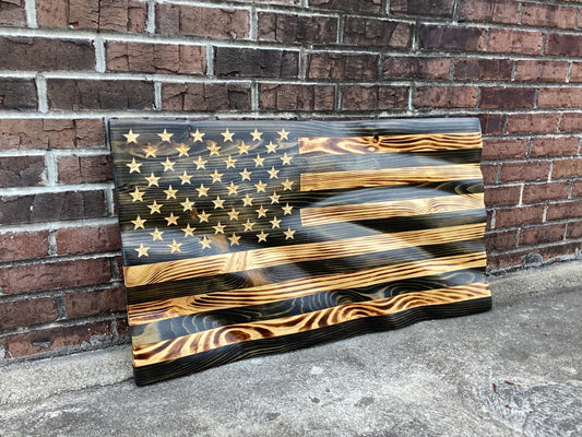 Waving Wooden Extra Rustic Wood Burnt Blacked Out American Flag