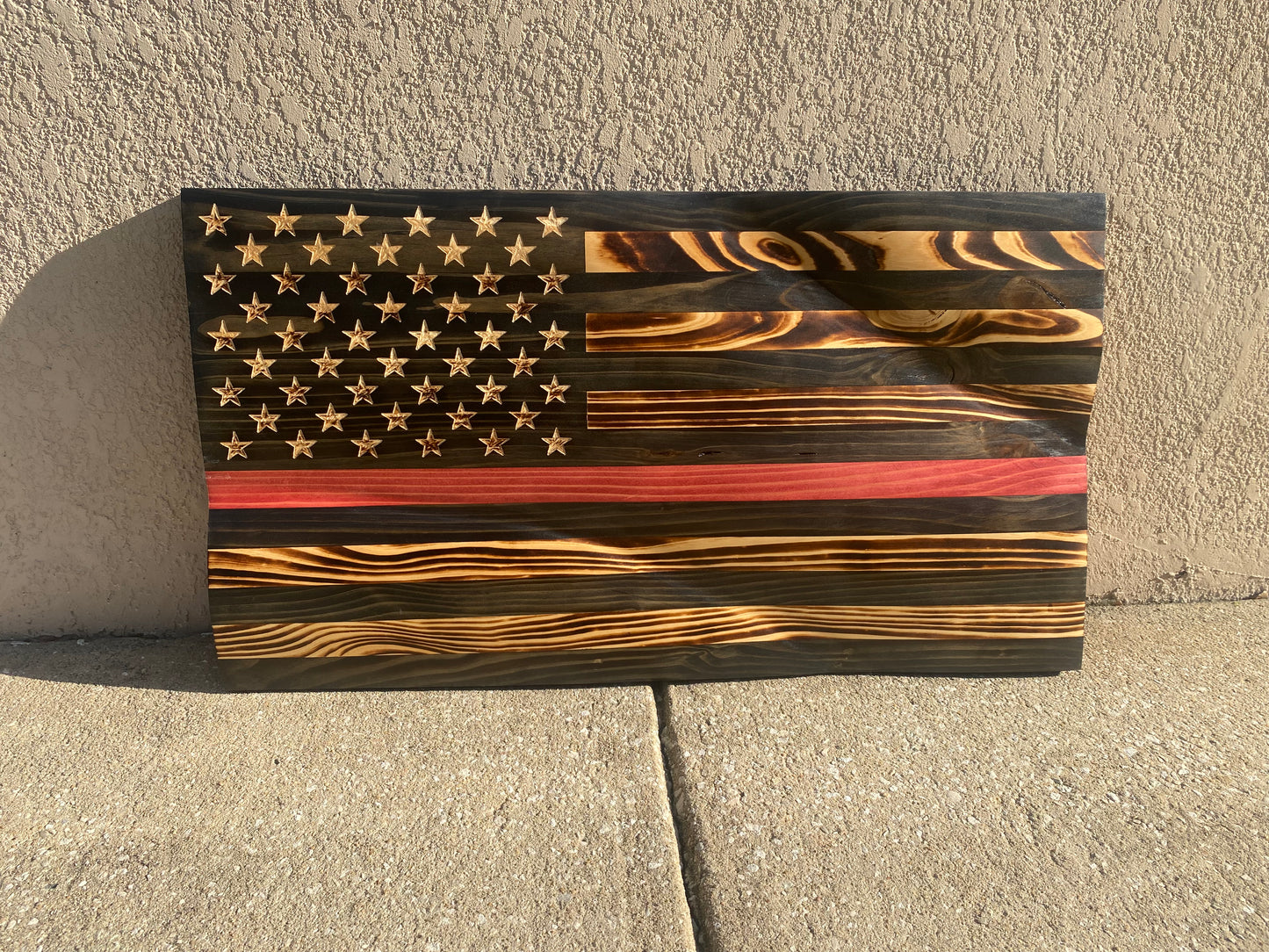 Waving Wooden Extra Rustic Wood Burnt Thin Red Line Firefighter Flag