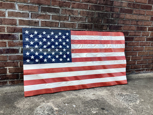 Waving Wooden American Flag Wall Art Decoration With White Stars and Stripes