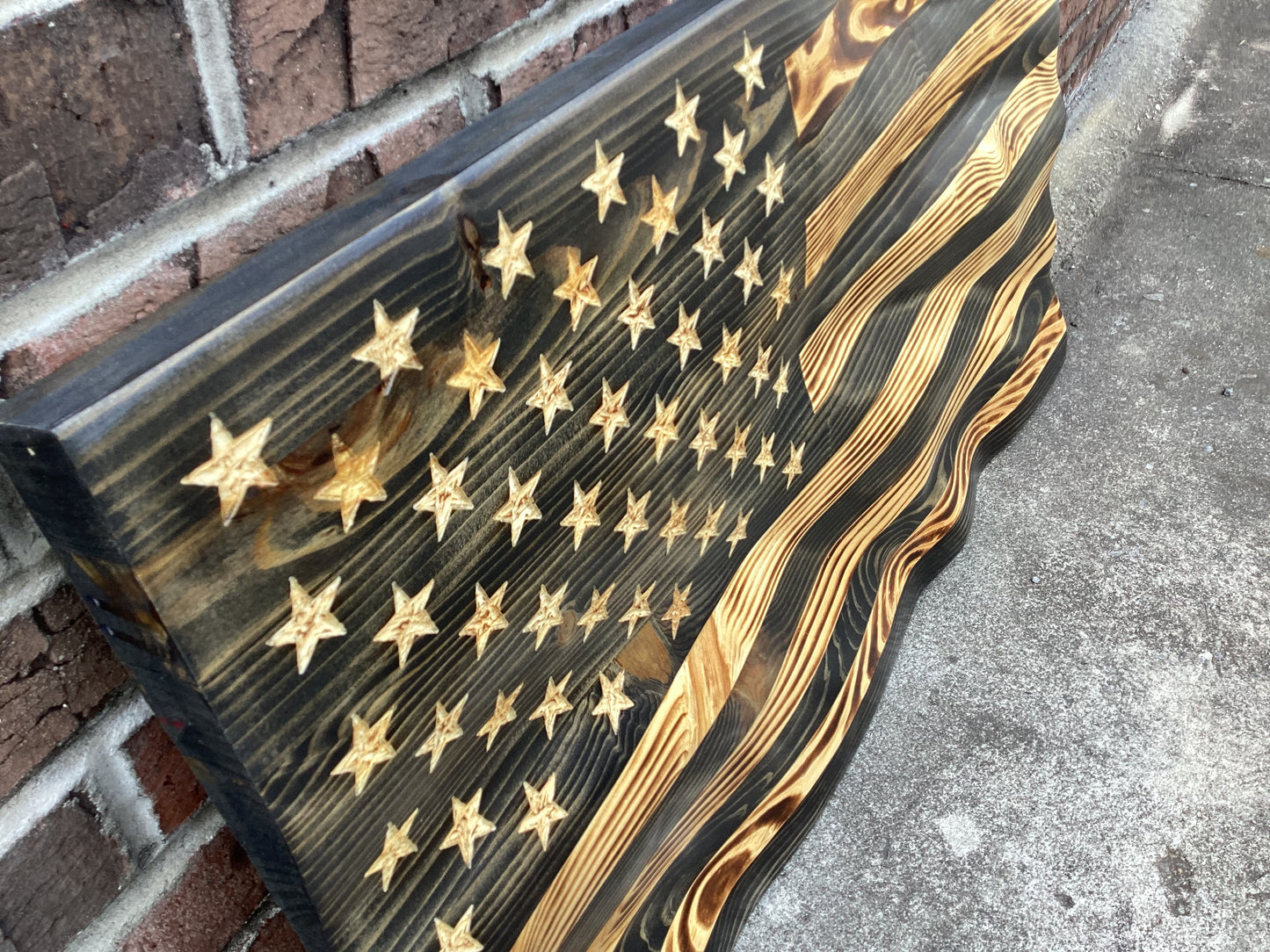 Waving Wooden Extra Rustic Wood Burnt Blacked Out American Flag