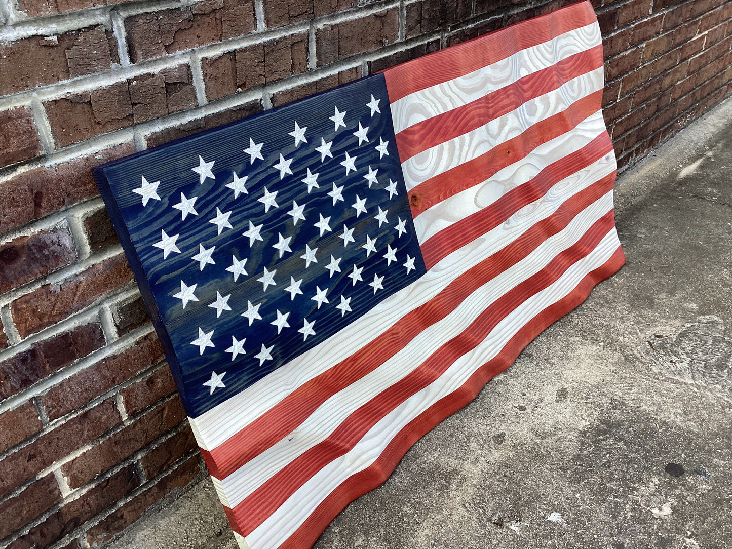 Waving Wooden American Flag Wall Art Decoration With White Stars and Stripes