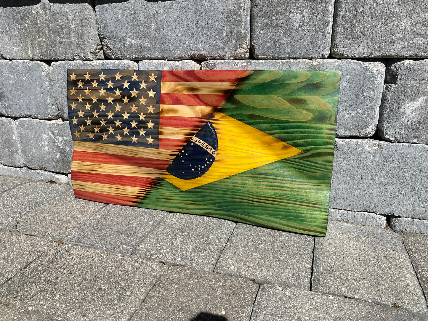 Waving Wooden Rustic Wood Burnt Half Brazil/Half American Flag