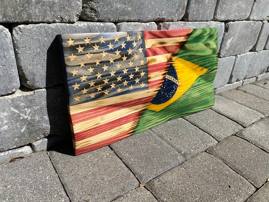 Waving Wooden Rustic Wood Burnt Half Brazil/Half American Flag